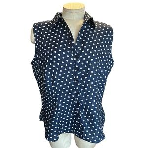 Autograph New York Women’s Navy Blue Sleeveless Button Down Polka Dot Crinkle M